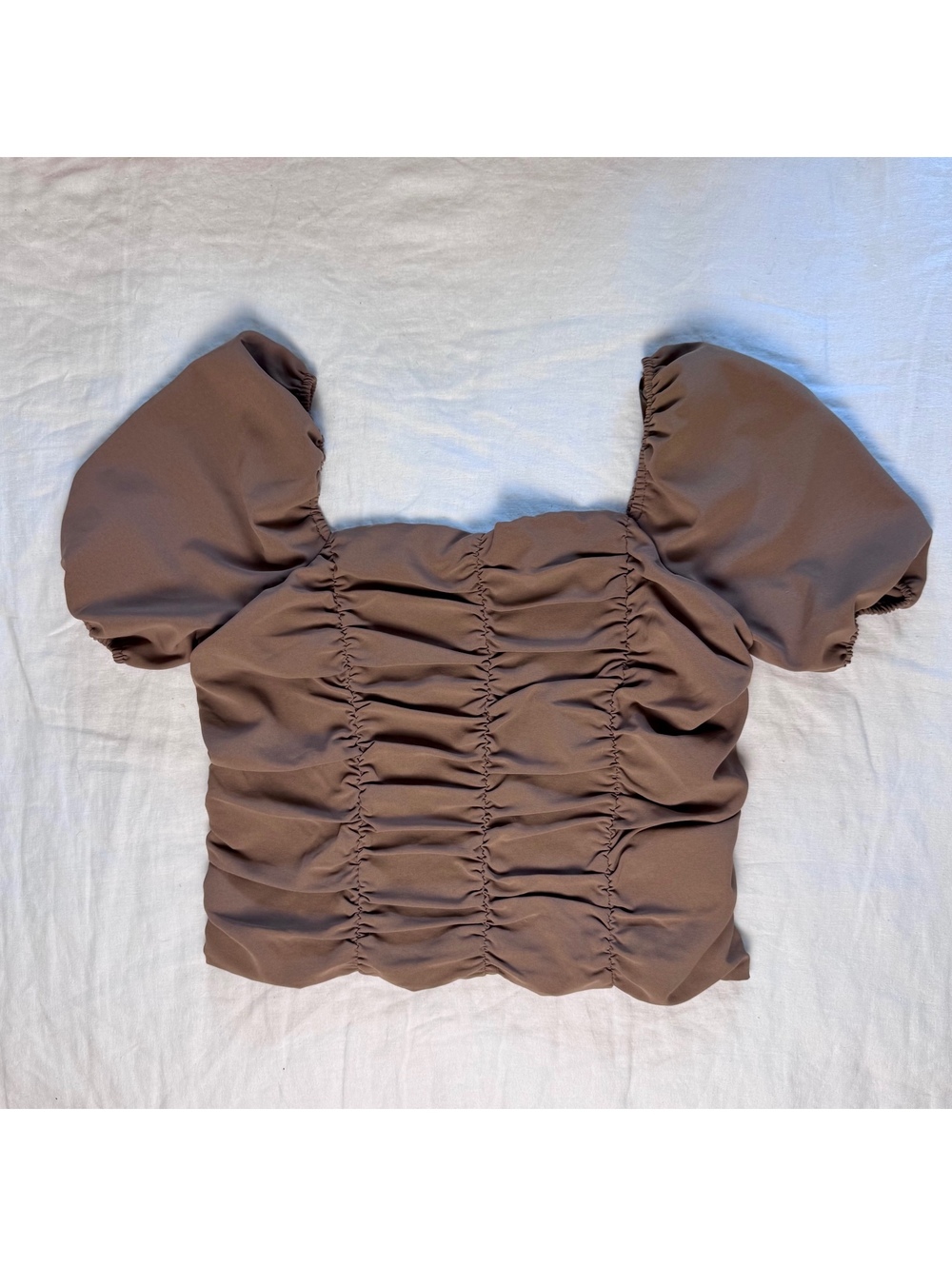 Brown cropped shirt top smocked back puff sleeve chocolate brown size M